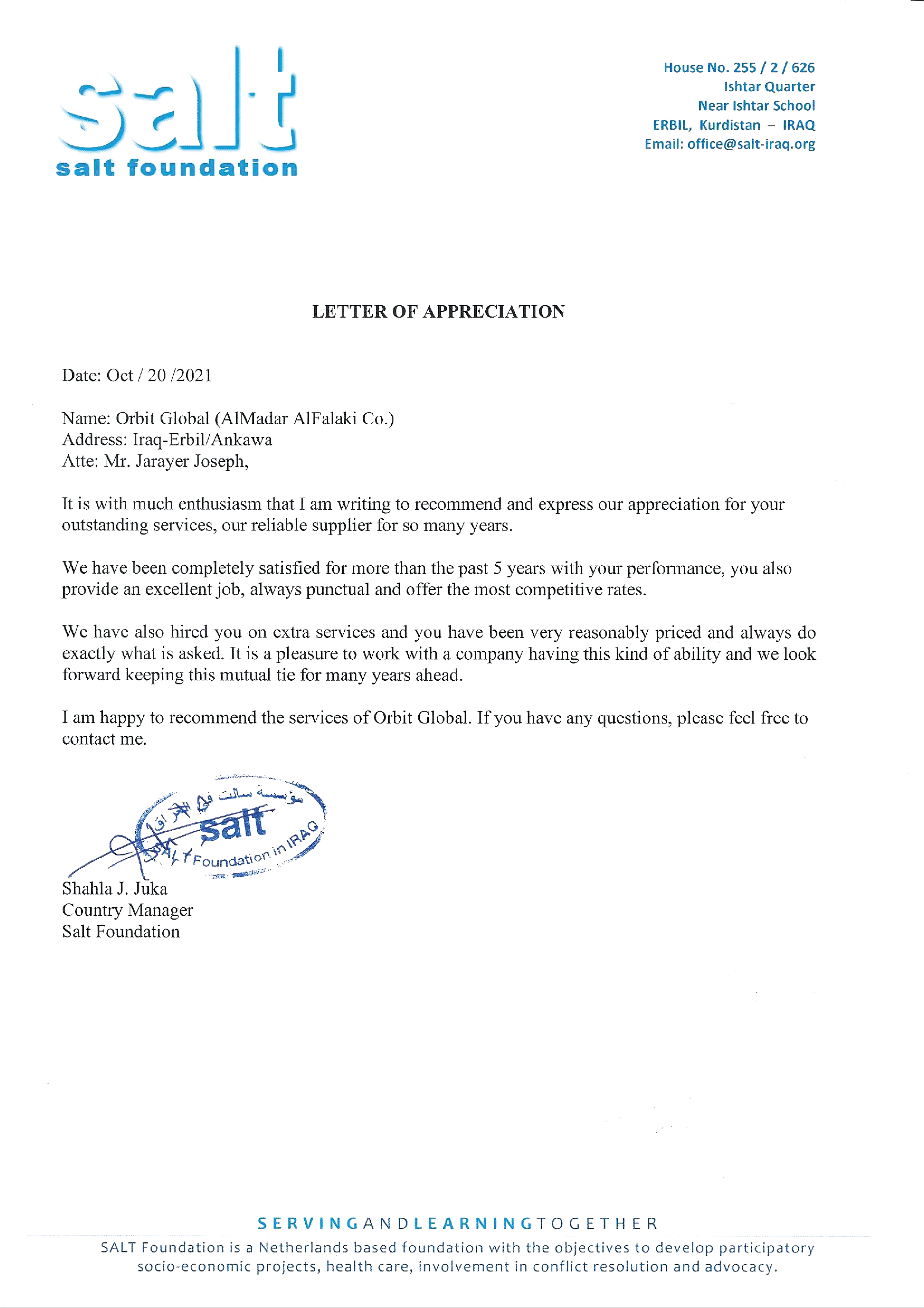 SALT Foundation recommendation letter for Orbit Global